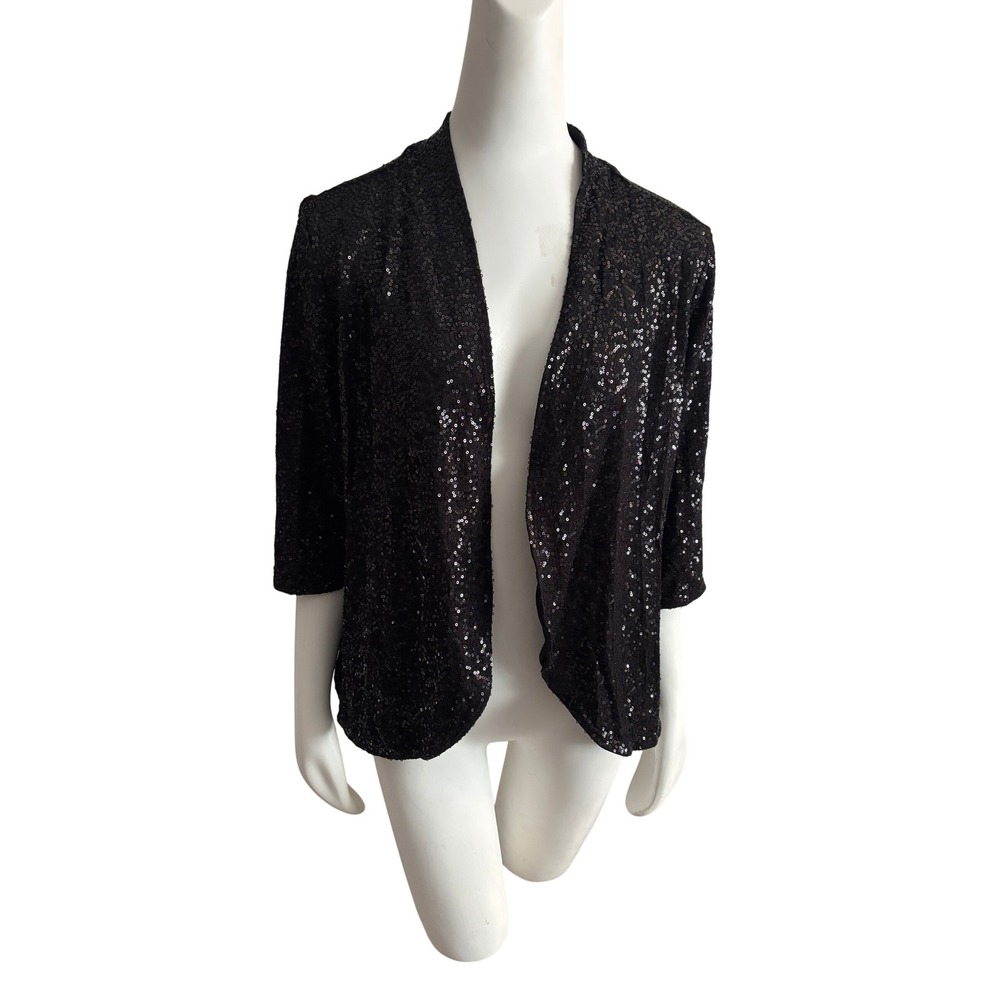 Reitmans Womens XXL Black Sequin Open Front Cardigan 3/4 Sleeve Evening Shrug